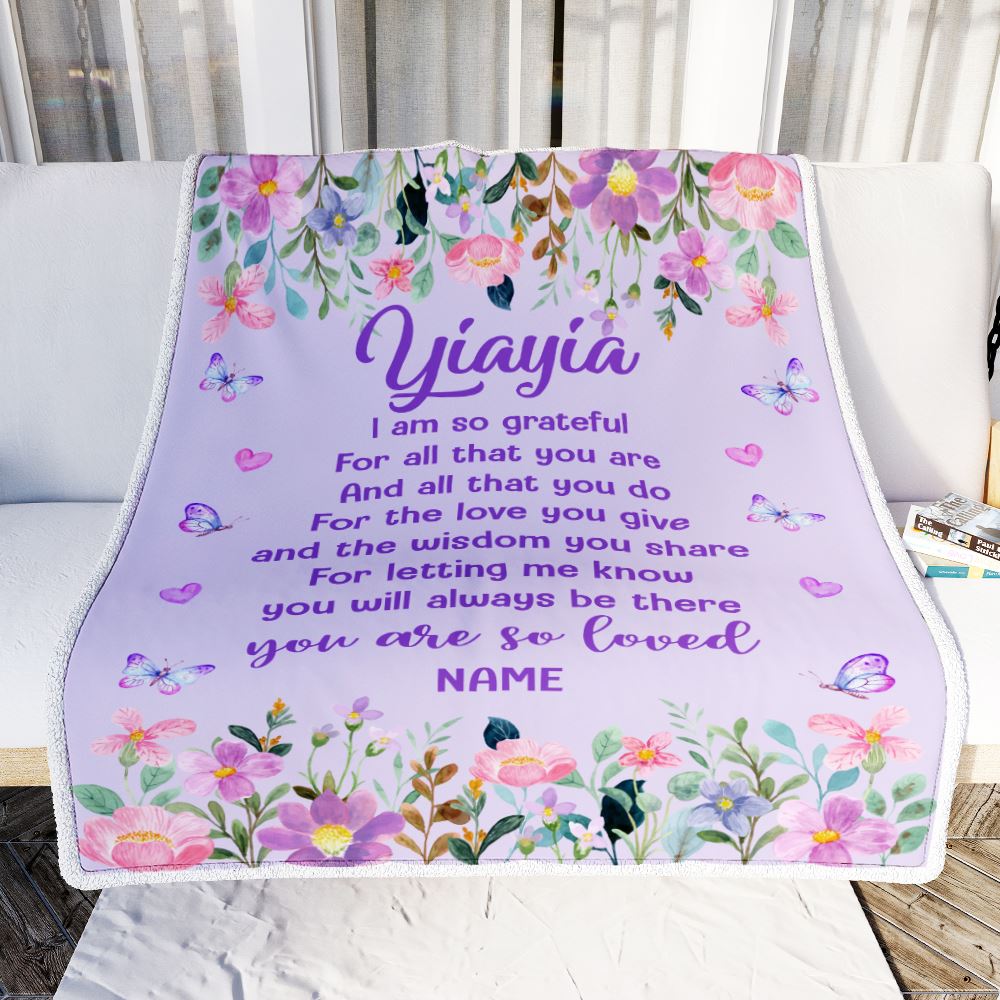Personalized Yiayia Blanket From Granddaughter Grandson Floral Butterfly Love You Give Yiayia Mothers Day Birthday Christmas Customized Bed Fleece Blanket | teecentury