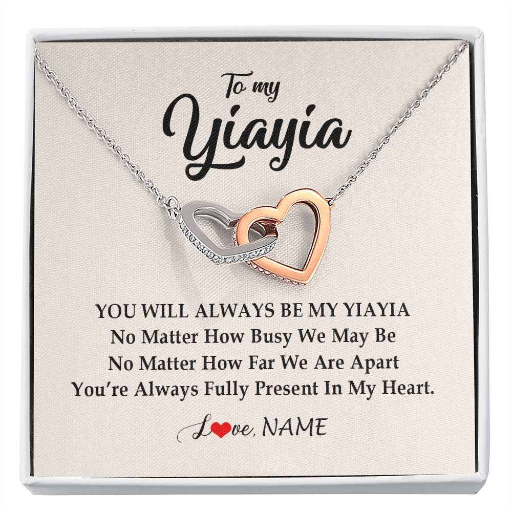 Interlocking Hearts Necklace | Personalized Yiayia Necklace From Grandkids Granddaughter Grandson You're Always In My Heart Yiayia Birthday Mothers Day Customized Gift Box Message Card | teecentury
