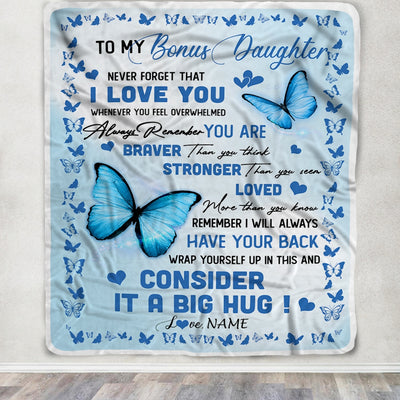 Personalized to My Bonus Daughter Blanket from Stepmother Braver Stronger Loved Butterfly Stepdaughter Birthday Christmas Customized Bed Fleece Throw Blanket | teecentury