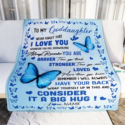Personalized to My Goddaughter Blanket from Godmother Godfather Braver Stronger Loved Butterfly Niece Birthday Christmas Customized Bed Fleece Throw Blanket | teecentury