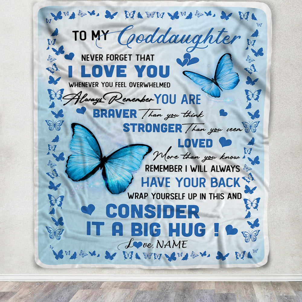 Personalized to My Goddaughter Blanket from Godmother Godfather Braver Stronger Loved Butterfly Niece Birthday Christmas Customized Bed Fleece Throw Blanket | teecentury
