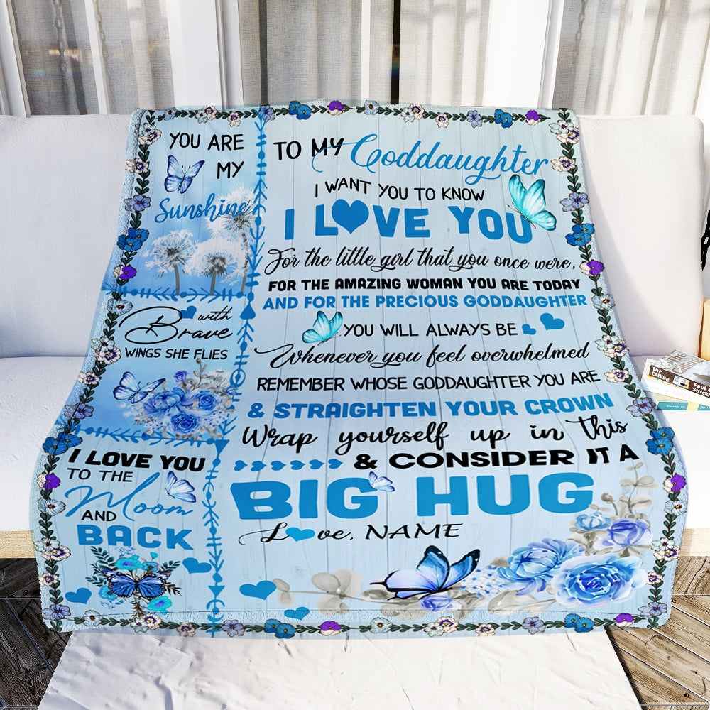 Personalized to My Goddaughter Blanket from Mom Dad Give You A Big Love Hug Butterfly Goddaughter Birthday Thanksgiving Christmas Customized Fleece Blanket | teecentury