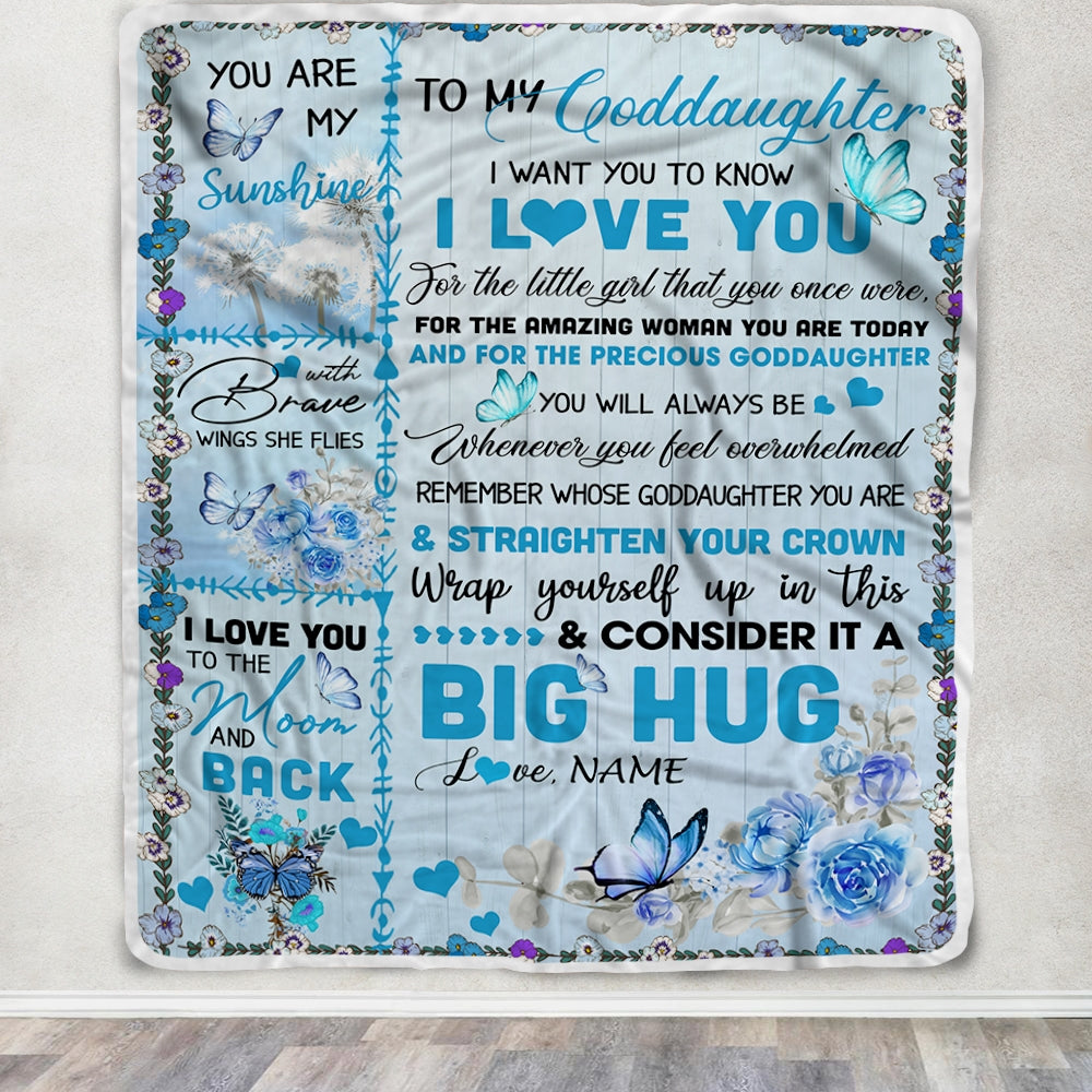 Personalized to My Goddaughter Blanket from Mom Dad Give You A Big Love Hug Butterfly Goddaughter Birthday Thanksgiving Christmas Customized Fleece Blanket | teecentury