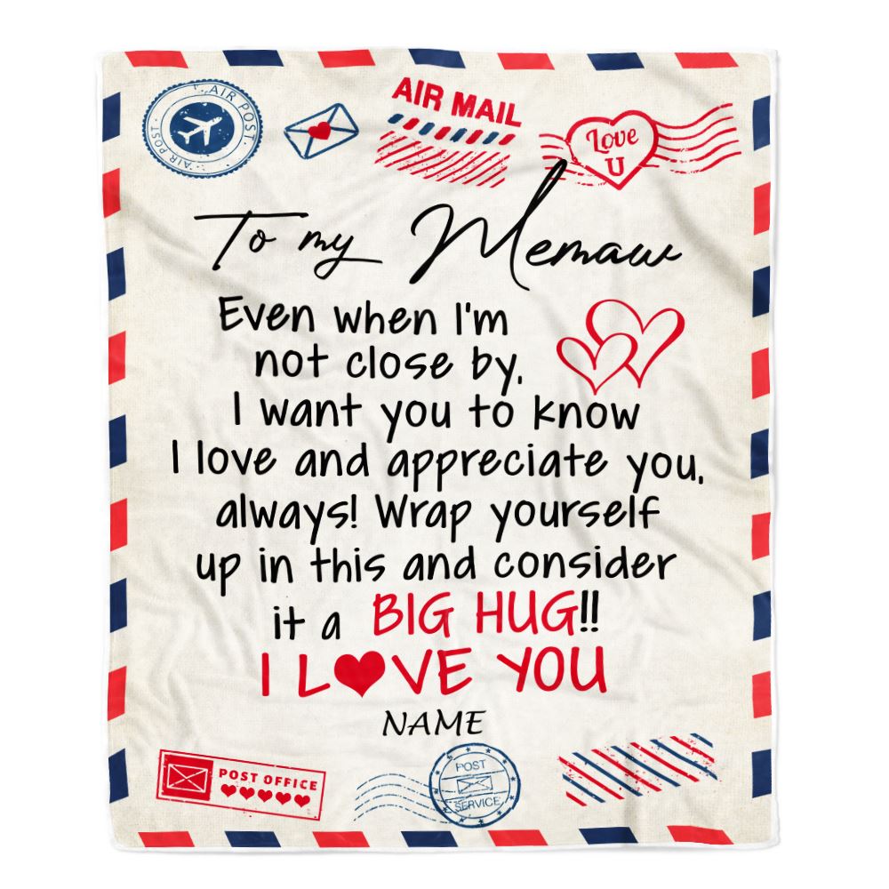 Personalized to My Memaw Blanket From Grandkids I Love You Hugs Air Mail Letter Memaw Birthday Valentine Christmas Wedding Anniversary Customized Fleece Blanket | teecentury
