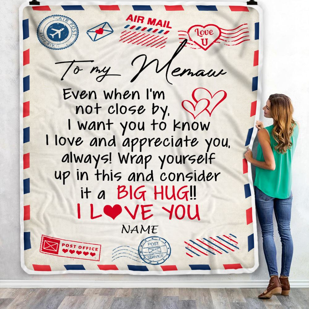 Personalized to My Memaw Blanket From Grandkids I Love You Hugs Air Mail Letter Memaw Birthday Valentine Christmas Wedding Anniversary Customized Fleece Blanket | teecentury