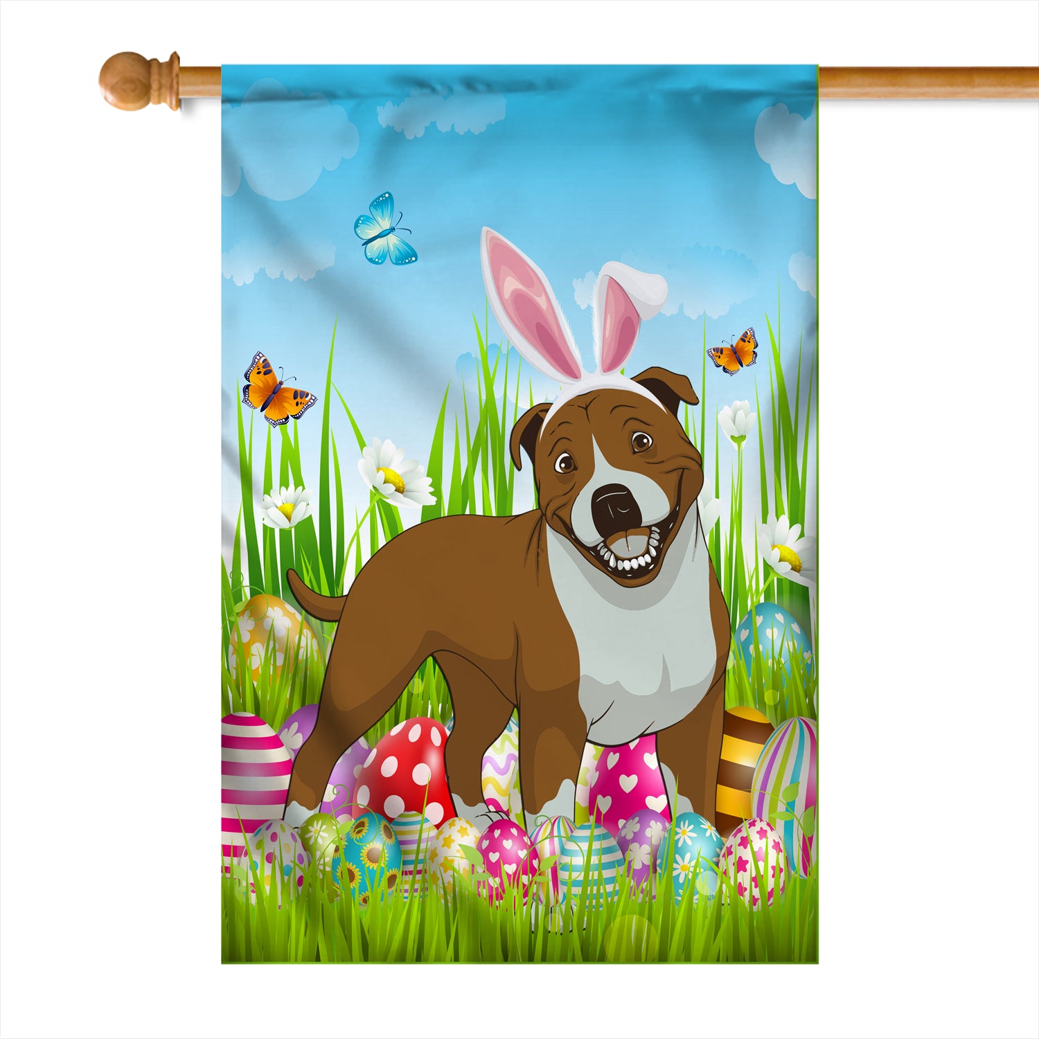 Pitbull Happy Easter Day Holiday Flag Funny Dog Dog Wear Bunny Ears Headband Cute for Home Decor | teecentury