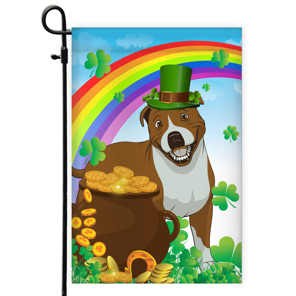 Pitbull St Patrick's Day Dog Flag Funny Peeking Dog Wear Green Hat Golden Pot Coin Shamrock Rainbow Spring Banner for Home Decor | teecentury