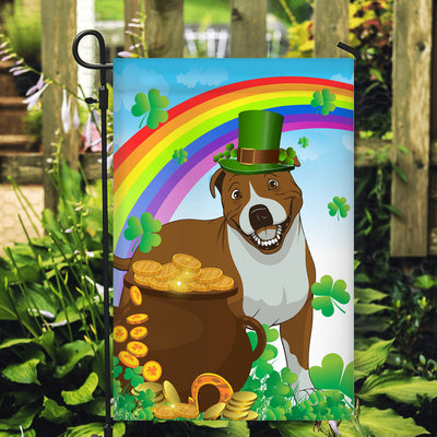 Pitbull St Patrick's Day Dog Flag Funny Peeking Dog Wear Green Hat Golden Pot Coin Shamrock Rainbow Spring Banner for Home Decor | teecentury