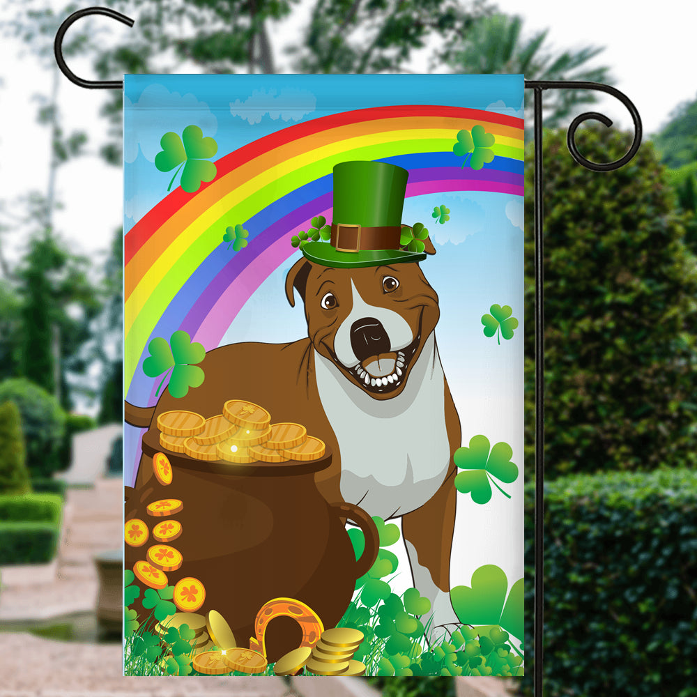 Pitbull St Patrick's Day Dog Flag Funny Peeking Dog Wear Green Hat Golden Pot Coin Shamrock Rainbow Spring Banner for Home Decor | teecentury