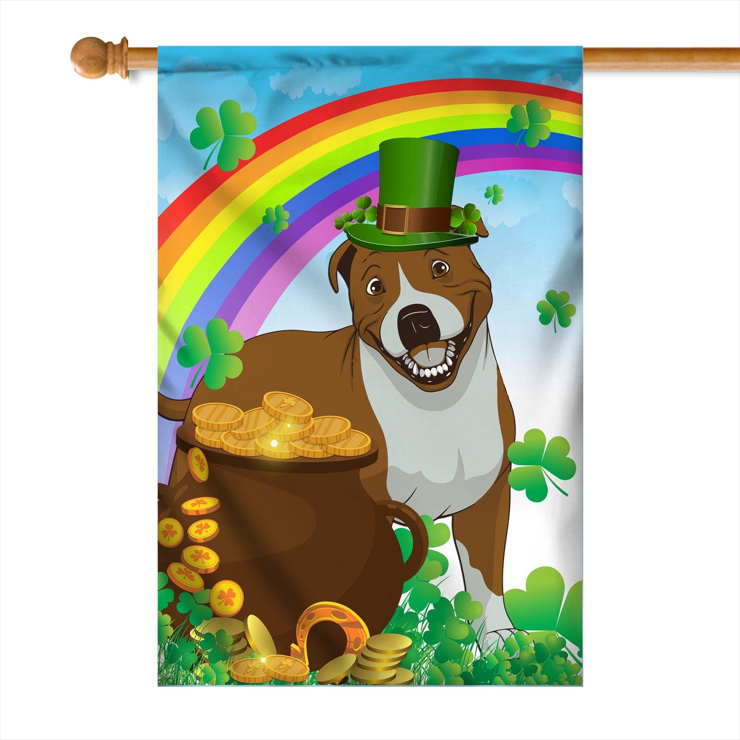 Pitbull St Patrick's Day Dog Flag Funny Peeking Dog Wear Green Hat Golden Pot Coin Shamrock Rainbow Spring Banner for Home Decor | teecentury