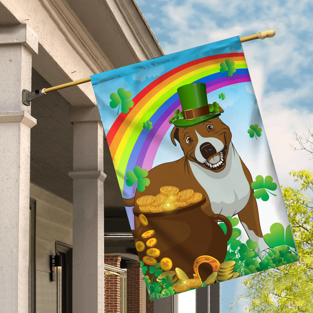 Pitbull St Patrick's Day Dog Flag Funny Peeking Dog Wear Green Hat Golden Pot Coin Shamrock Rainbow Spring Banner for Home Decor | teecentury