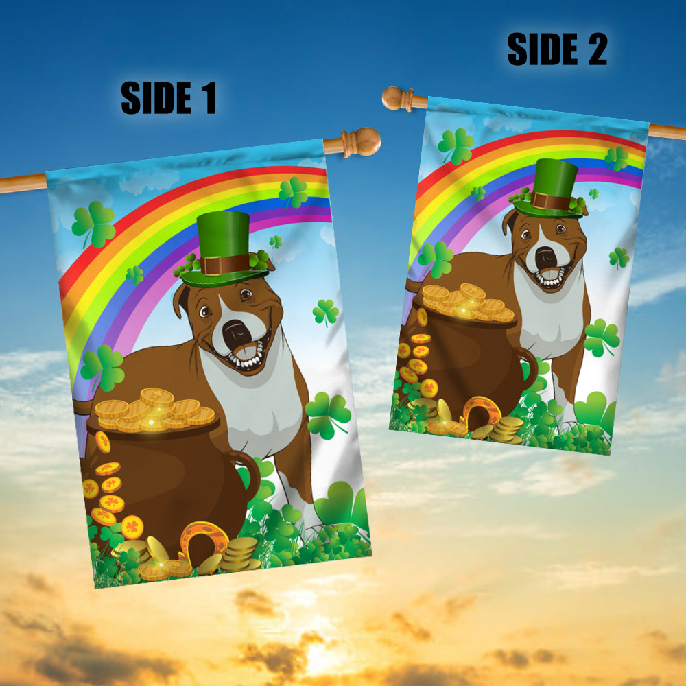 Pitbull St Patrick's Day Dog Flag Funny Peeking Dog Wear Green Hat Golden Pot Coin Shamrock Rainbow Spring Banner for Home Decor | teecentury