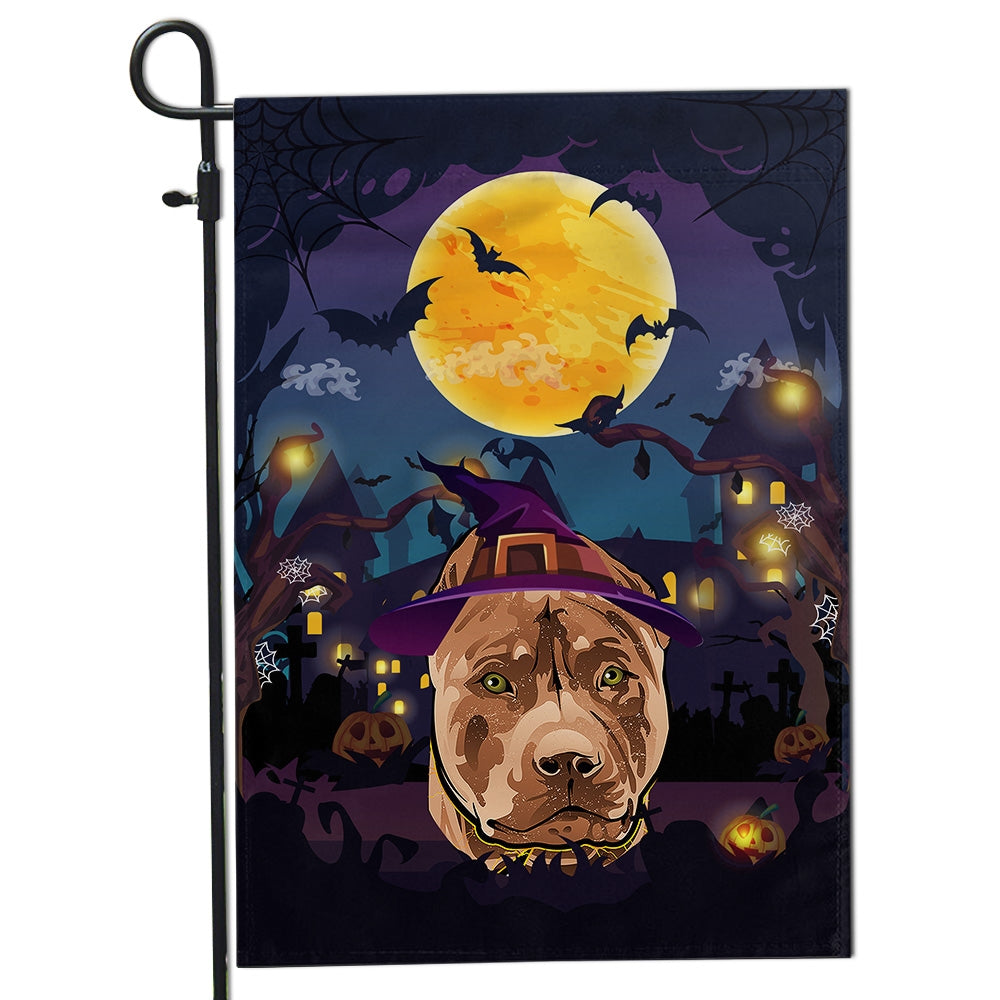 Pitbull Witch Halloween Flag Castle Background For Dog Lover Home Flag | Teecentury.com