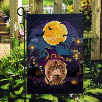 Pitbull Witch Halloween Flag Castle Background For Dog Lover Home Flag | Teecentury.com