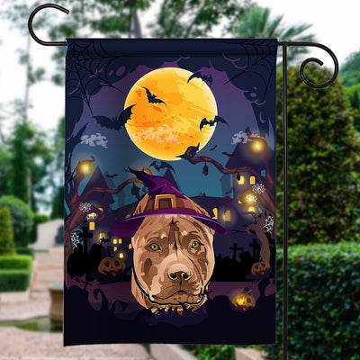 Pitbull Witch Halloween Flag Castle Background For Dog Lover Home Flag | Teecentury.com