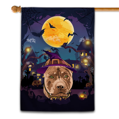 Pitbull Witch Halloween Flag Castle Background For Dog Lover Home Flag | Teecentury.com