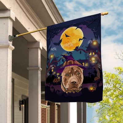 Pitbull Witch Halloween Flag Castle Background For Dog Lover Home Flag | Teecentury.com