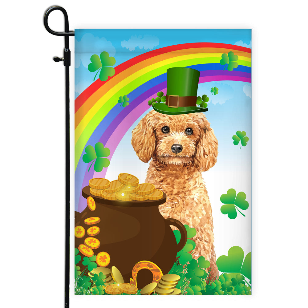 Poodle St Patrick's Day Dog Flag Funny Peeking Dog Wear Green Hat Golden Pot Coin Shamrock Rainbow Spring Banner for Home Decor | teecentury