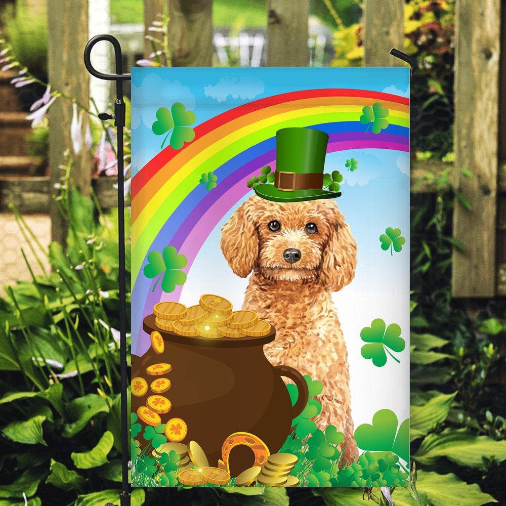 Poodle St Patrick's Day Dog Flag Funny Peeking Dog Wear Green Hat Golden Pot Coin Shamrock Rainbow Spring Banner for Home Decor | teecentury