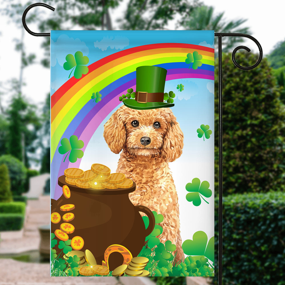 Poodle St Patrick's Day Dog Flag Funny Peeking Dog Wear Green Hat Golden Pot Coin Shamrock Rainbow Spring Banner for Home Decor | teecentury