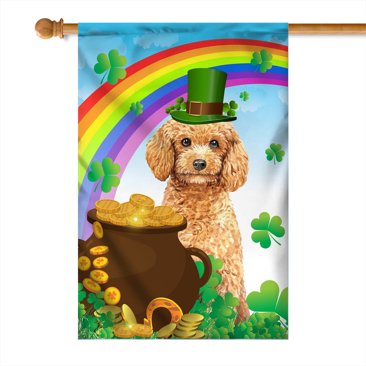 Poodle St Patrick's Day Dog Flag Funny Peeking Dog Wear Green Hat Golden Pot Coin Shamrock Rainbow Spring Banner for Home Decor | teecentury