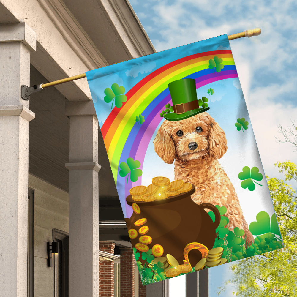 Poodle St Patrick's Day Dog Flag Funny Peeking Dog Wear Green Hat Golden Pot Coin Shamrock Rainbow Spring Banner for Home Decor | teecentury