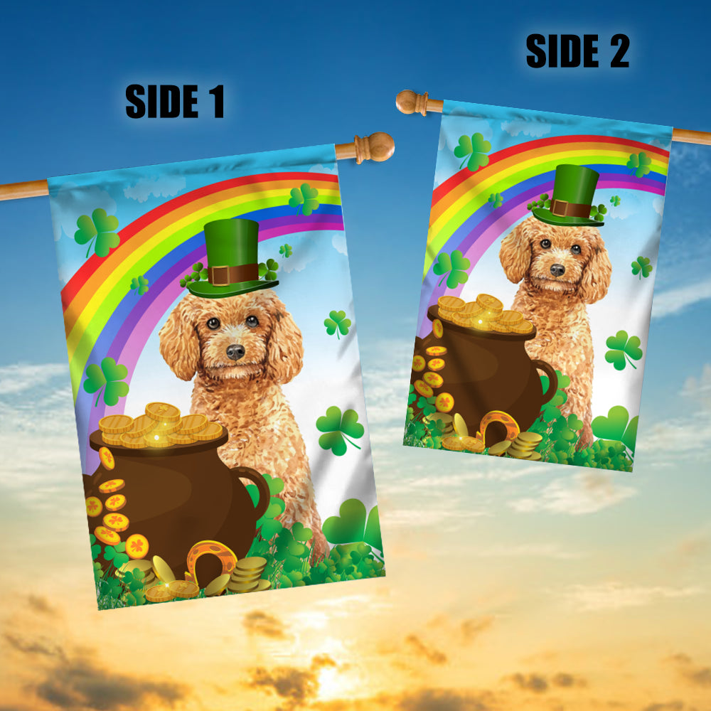 Poodle St Patrick's Day Dog Flag Funny Peeking Dog Wear Green Hat Golden Pot Coin Shamrock Rainbow Spring Banner for Home Decor | teecentury