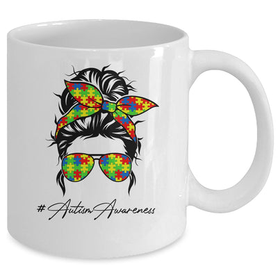 Proud Autism Mom Messy Bun Girl Puzzle Piece Mother's Day Mug Coffee Mug | Teecentury.com