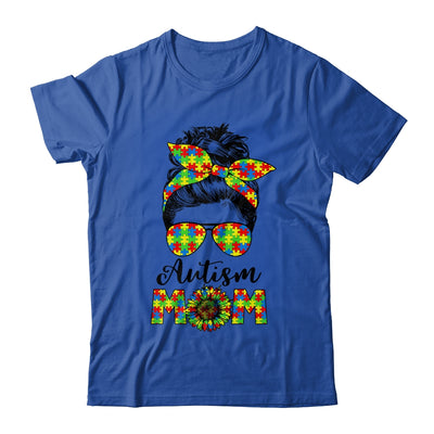 Proud Autism Mom Messy Mun Autism Awareness Sunflower Shirt & Tank Top | teecentury