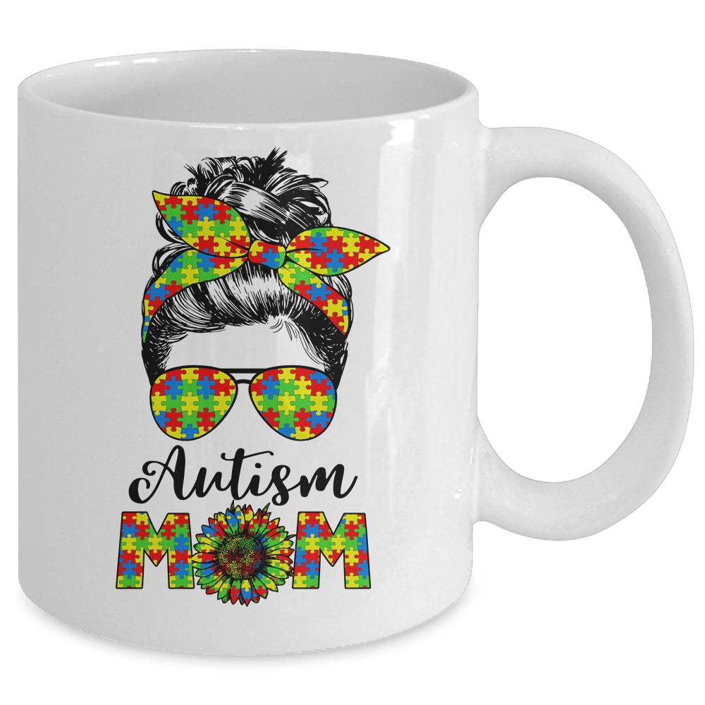 Proud Autism Mom Messy Mun Autism Awareness Sunflower Mug | teecentury