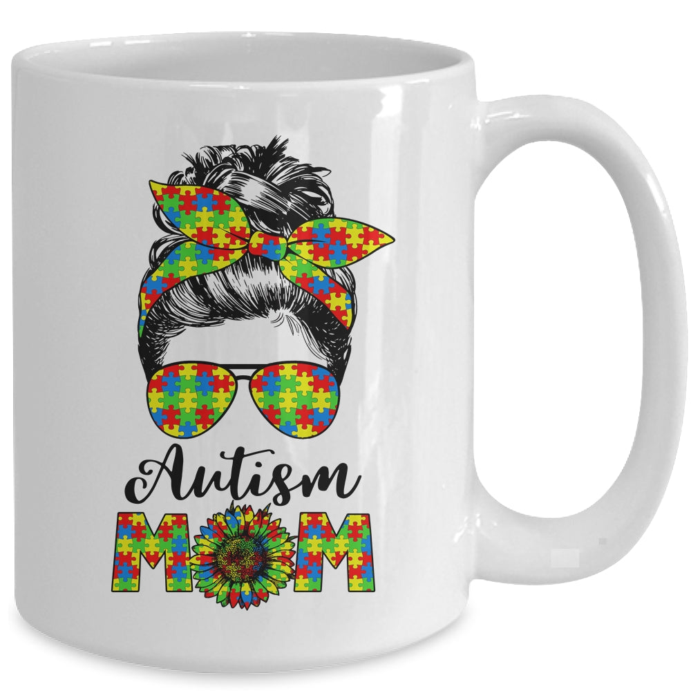 Proud Autism Mom Messy Mun Autism Awareness Sunflower Mug | teecentury