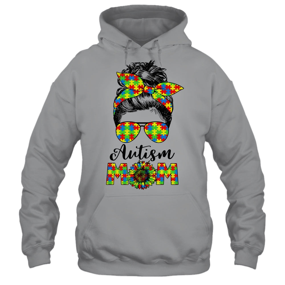 Proud Autism Mom Messy Mun Autism Awareness Sunflower Shirt & Tank Top | teecentury