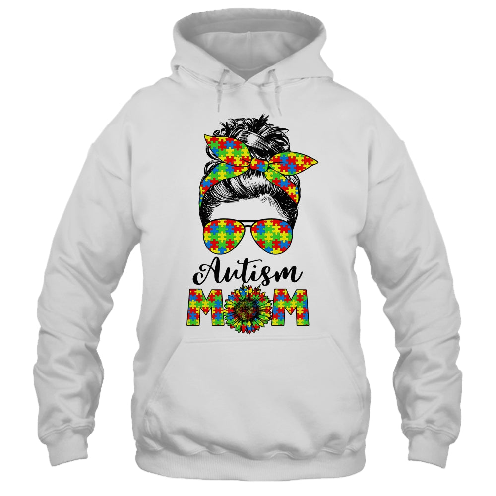 Proud Autism Mom Messy Mun Autism Awareness Sunflower Shirt & Tank Top | teecentury