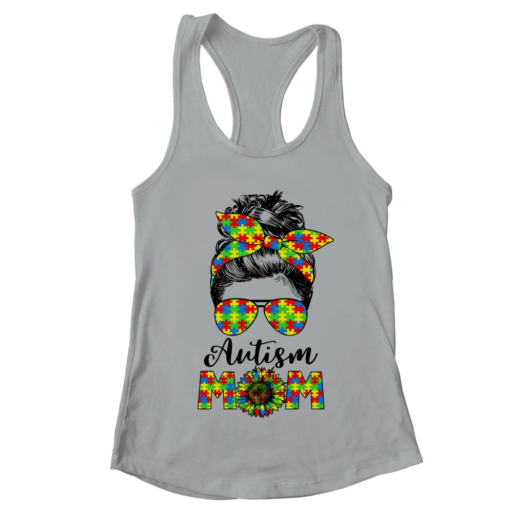 Proud Autism Mom Messy Mun Autism Awareness Sunflower Shirt & Tank Top | teecentury