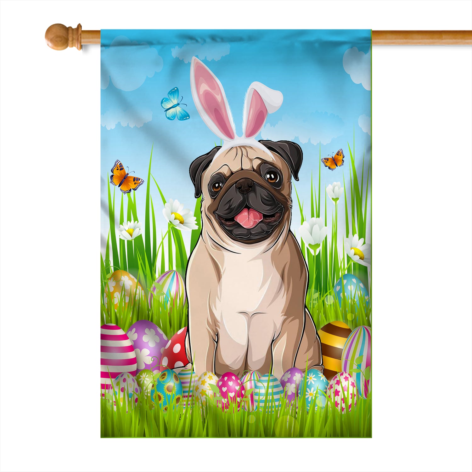 Pug Happy Easter Day Holiday Flag Funny Dog Dog Wear Bunny Ears Headband Cute for Home Decor | teecentury