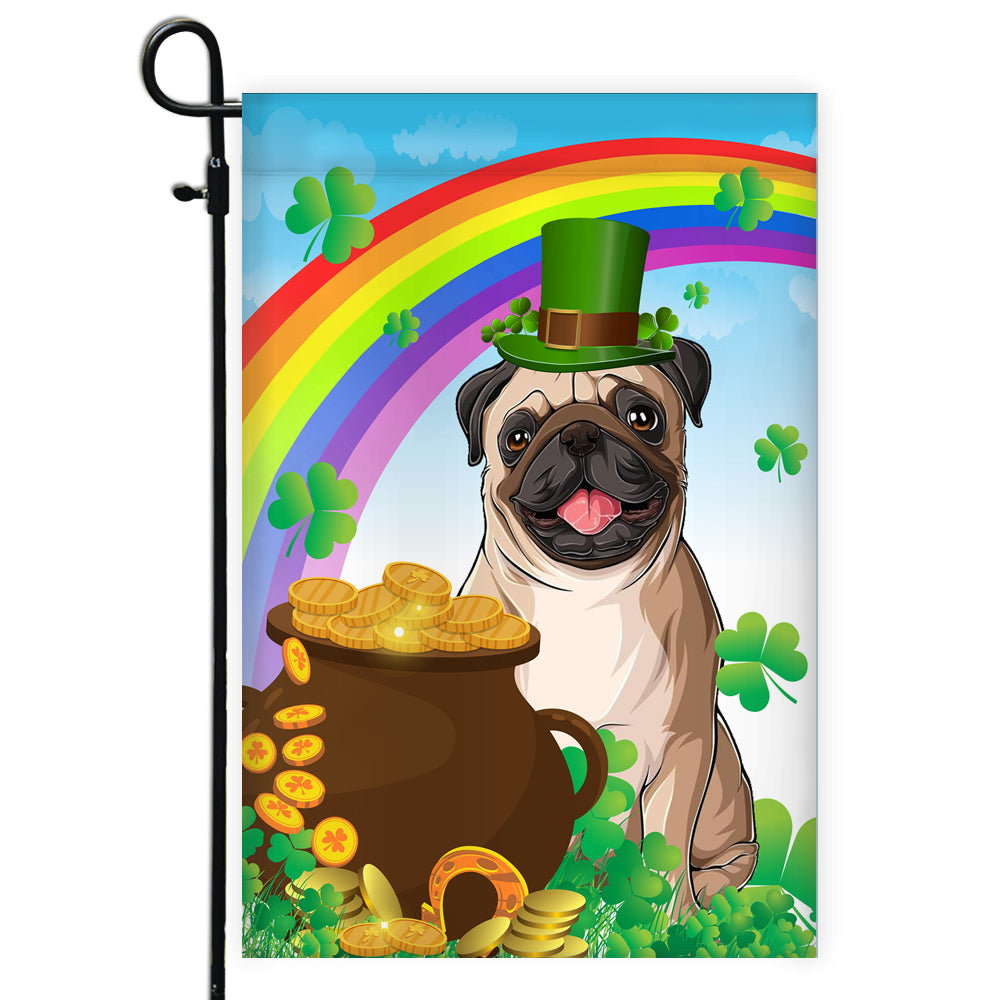 Pug St Patrick's Day Dog Flag Funny Peeking Dog Wear Green Hat Golden Pot Coin Shamrock Rainbow Spring Banner for Home Decor | teecentury