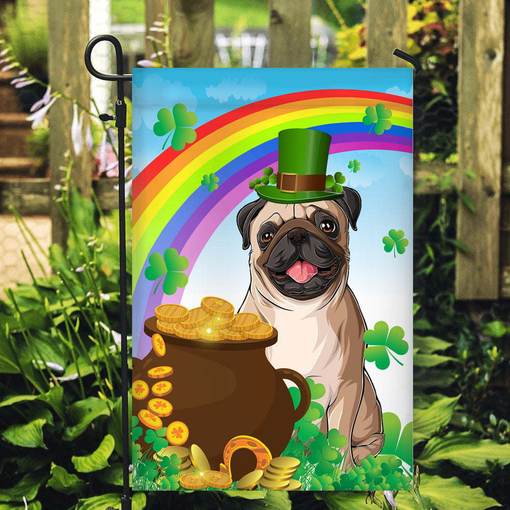 Pug St Patrick's Day Dog Flag Funny Peeking Dog Wear Green Hat Golden Pot Coin Shamrock Rainbow Spring Banner for Home Decor | teecentury