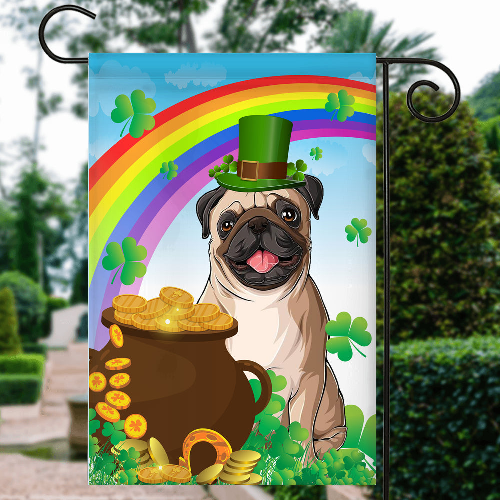 Pug St Patrick's Day Dog Flag Funny Peeking Dog Wear Green Hat Golden Pot Coin Shamrock Rainbow Spring Banner for Home Decor | teecentury