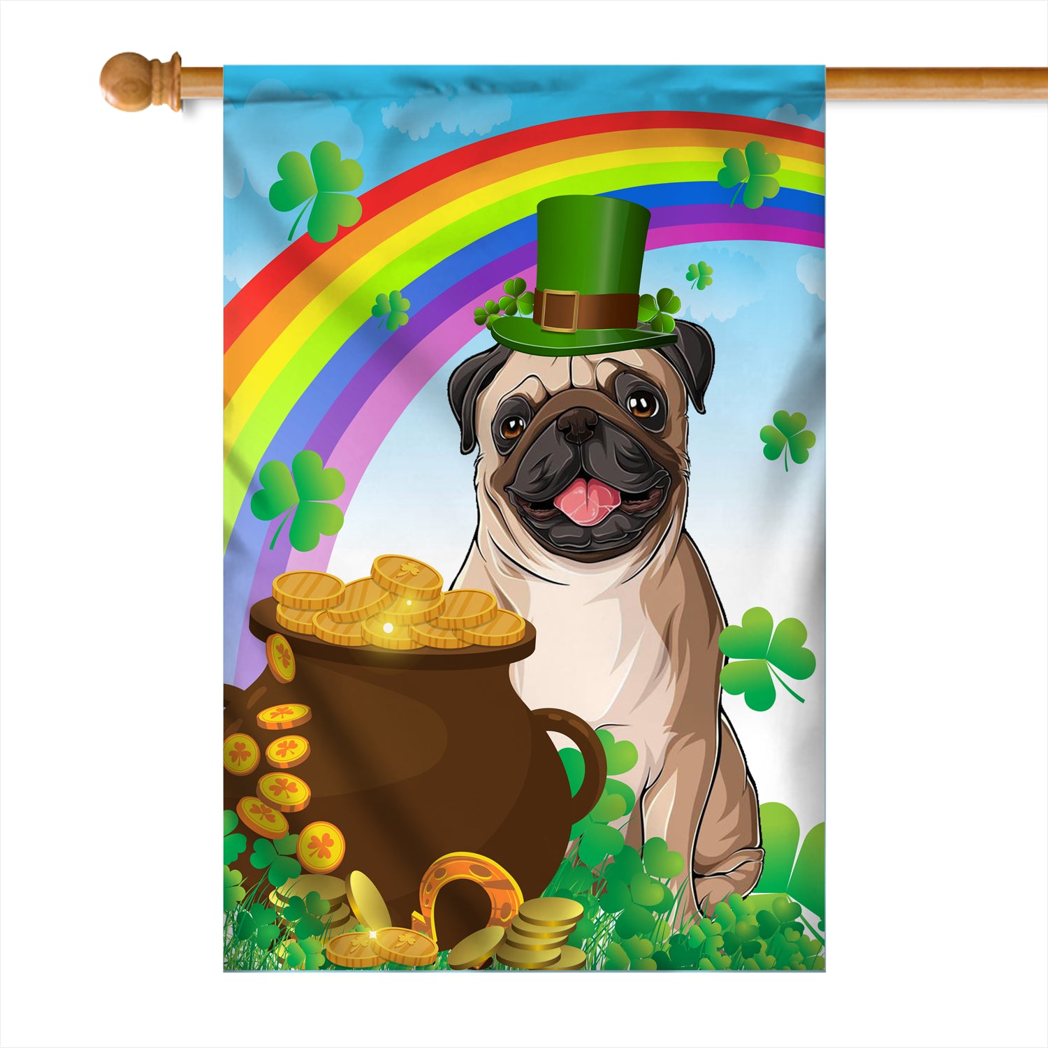 Pug St Patrick's Day Dog Flag Funny Peeking Dog Wear Green Hat Golden Pot Coin Shamrock Rainbow Spring Banner for Home Decor | teecentury