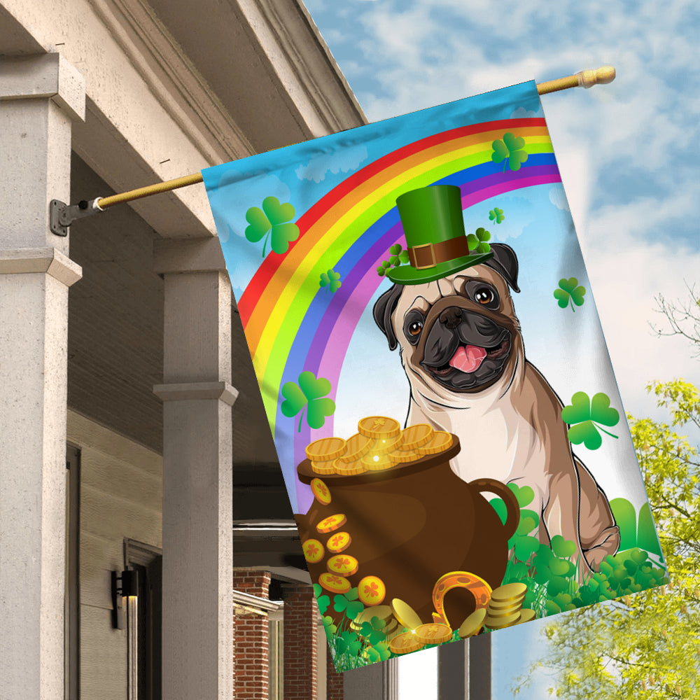 Pug St Patrick's Day Dog Flag Funny Peeking Dog Wear Green Hat Golden Pot Coin Shamrock Rainbow Spring Banner for Home Decor | teecentury