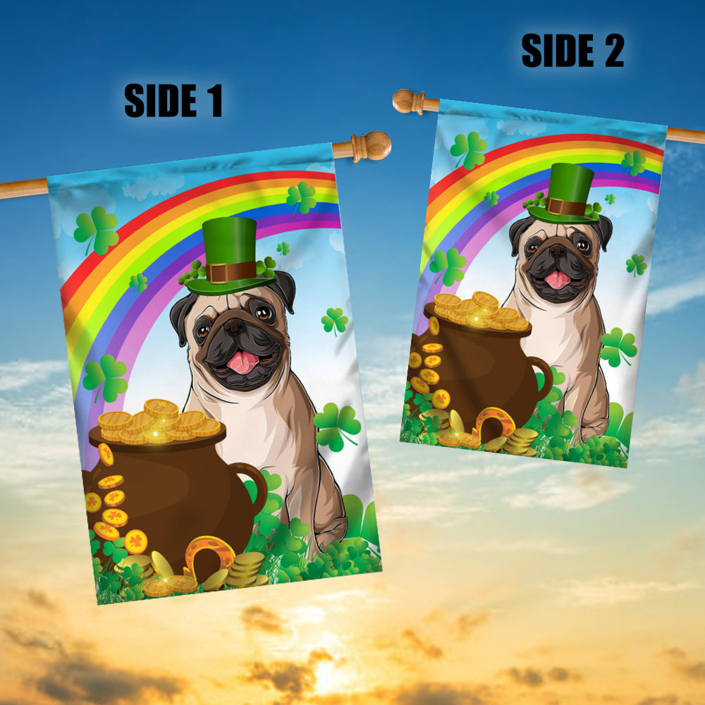 Pug St Patrick's Day Dog Flag Funny Peeking Dog Wear Green Hat Golden Pot Coin Shamrock Rainbow Spring Banner for Home Decor | teecentury