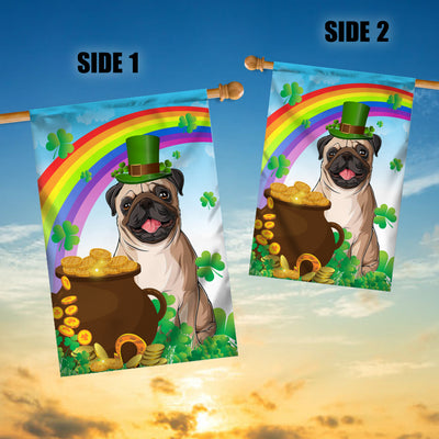 Pug St Patrick's Day Dog Flag Funny Peeking Dog Wear Green Hat Golden Pot Coin Shamrock Rainbow Spring Banner for Home Decor | teecentury