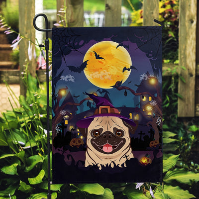 Pug Witch Halloween Flag Castle Background For Dog Lover Home Flag | Teecentury.com