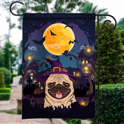 Pug Witch Halloween Flag Castle Background For Dog Lover Home Flag | Teecentury.com