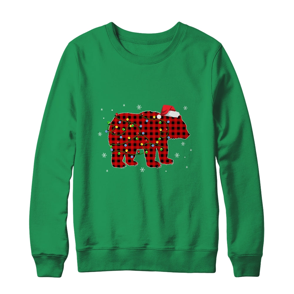 Red Plaid Bear Christmas Lights Santa Hat Pajamas T-Shirt & Sweatshirt | Teecentury.com