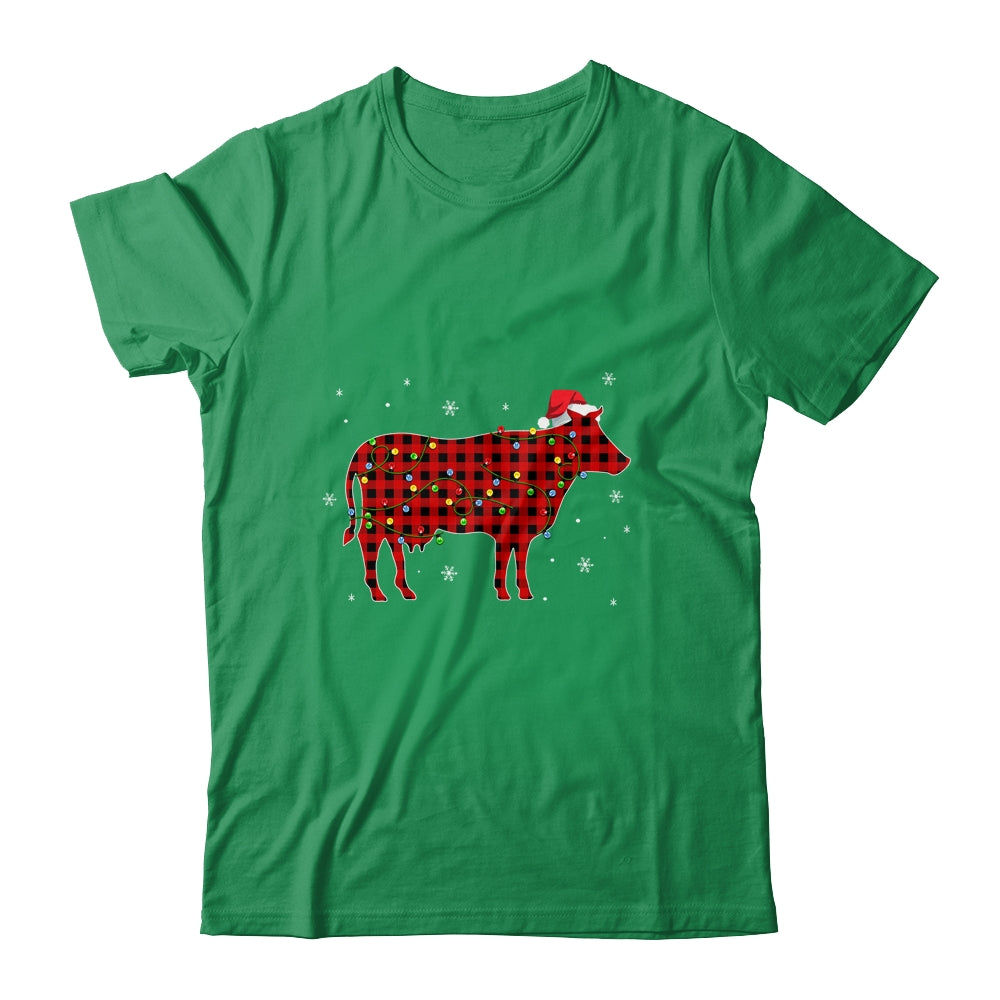 Red Plaid Cow Christmas Lights Santa Hat Pajamas T-Shirt & Sweatshirt | Teecentury.com
