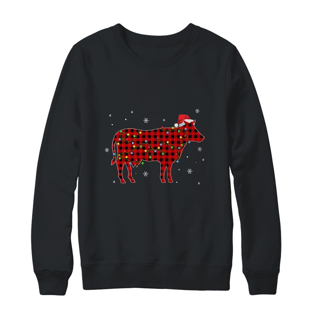 Red Plaid Cow Christmas Lights Santa Hat Pajamas T-Shirt & Sweatshirt | Teecentury.com