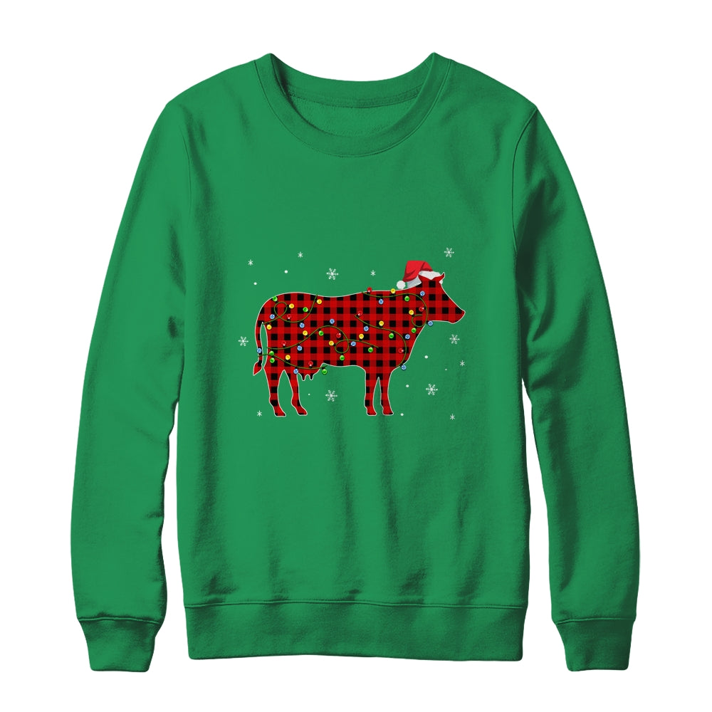 Red Plaid Cow Christmas Lights Santa Hat Pajamas T-Shirt & Sweatshirt | Teecentury.com