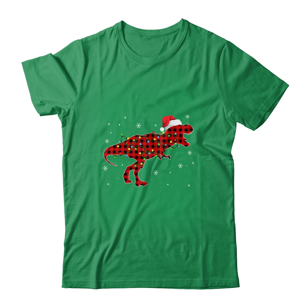 Red Plaid Dinosaur Christmas Lights Santa Hat Pajamas T-Shirt & Sweatshirt | Teecentury.com