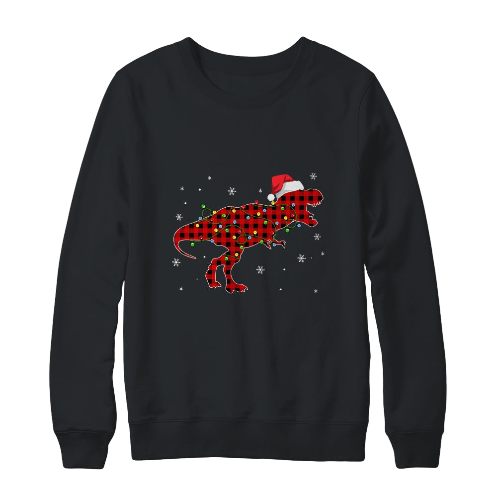 Red Plaid Dinosaur Christmas Lights Santa Hat Pajamas T-Shirt & Sweatshirt | Teecentury.com